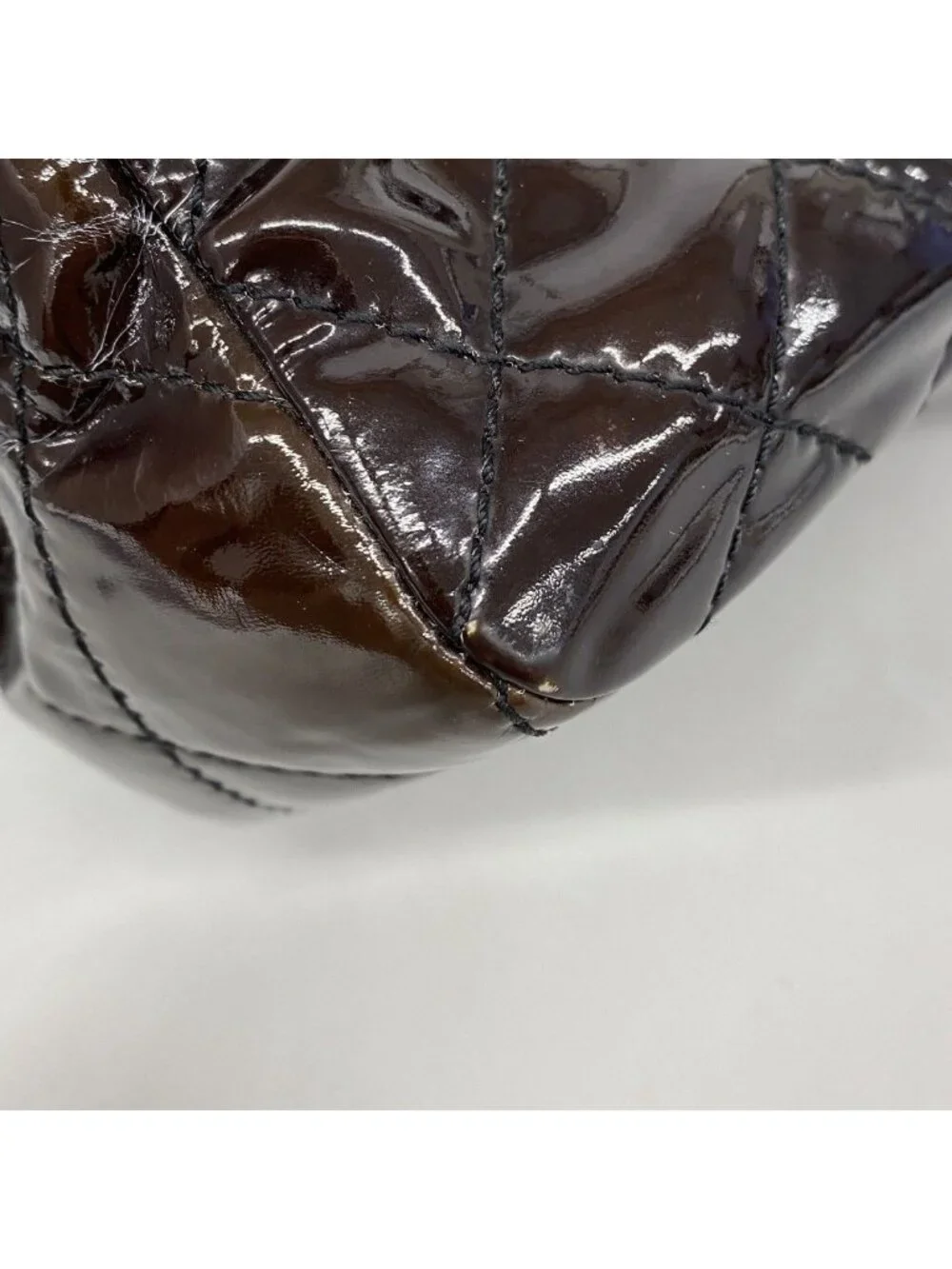 Chanel Chain Tote 2.55 Quilted Patent Leather Dark Brown Silver